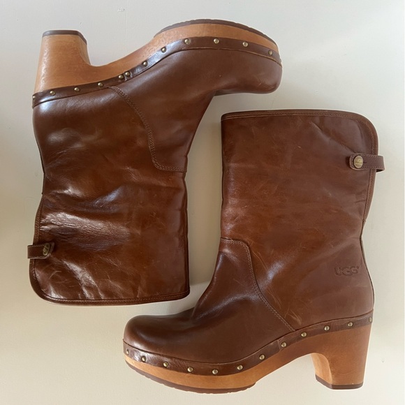 UGG 1958 Lynnea Leather Studded Foldover Clog Boot Shearling Cuff, Caramel, 9 - Picture 7 of 11
